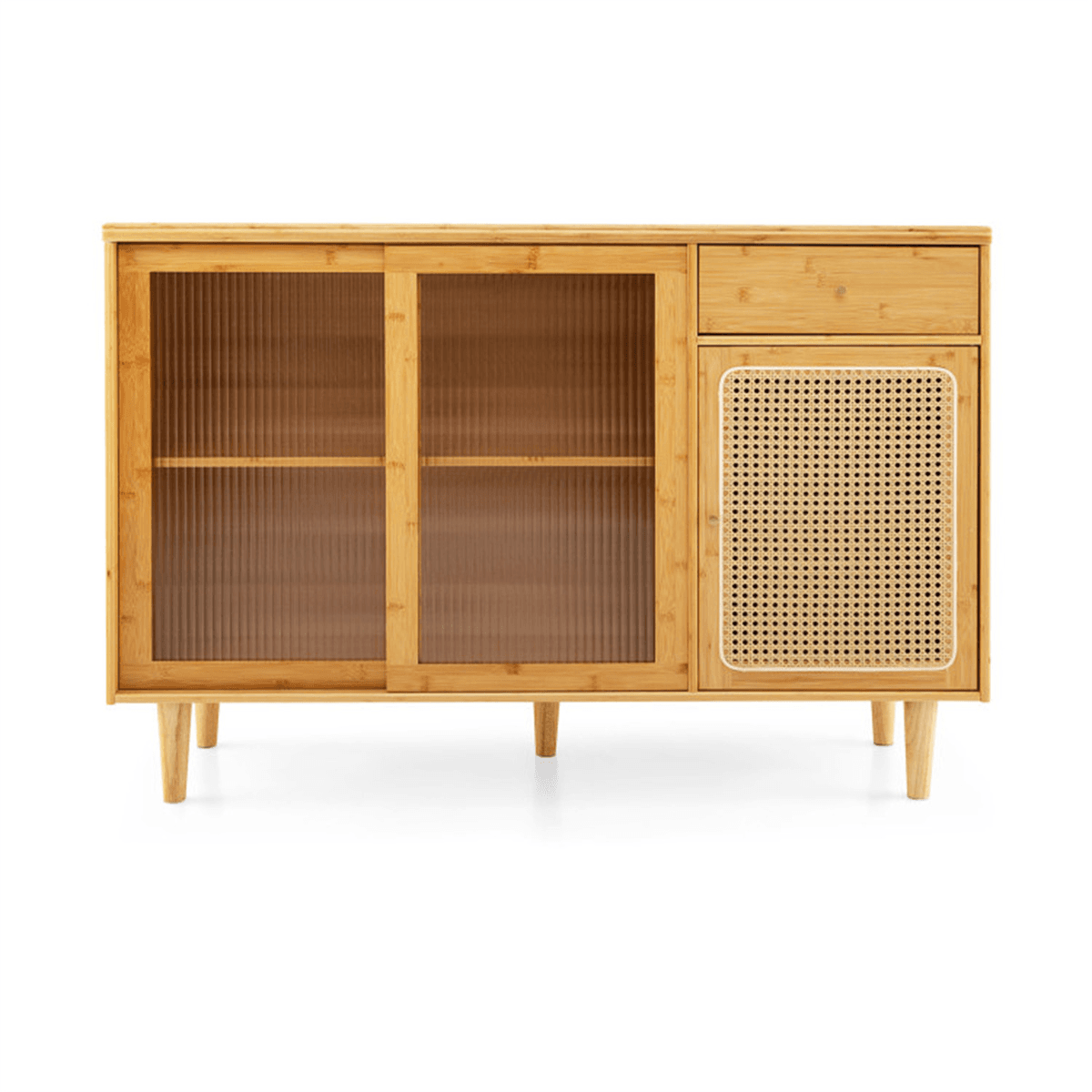 image-Natural Bamboo Sideboard Cabinet with Rattan Door, Sliding Door & Pull-Out Drawer, 5-Leg Rubber Wood Base