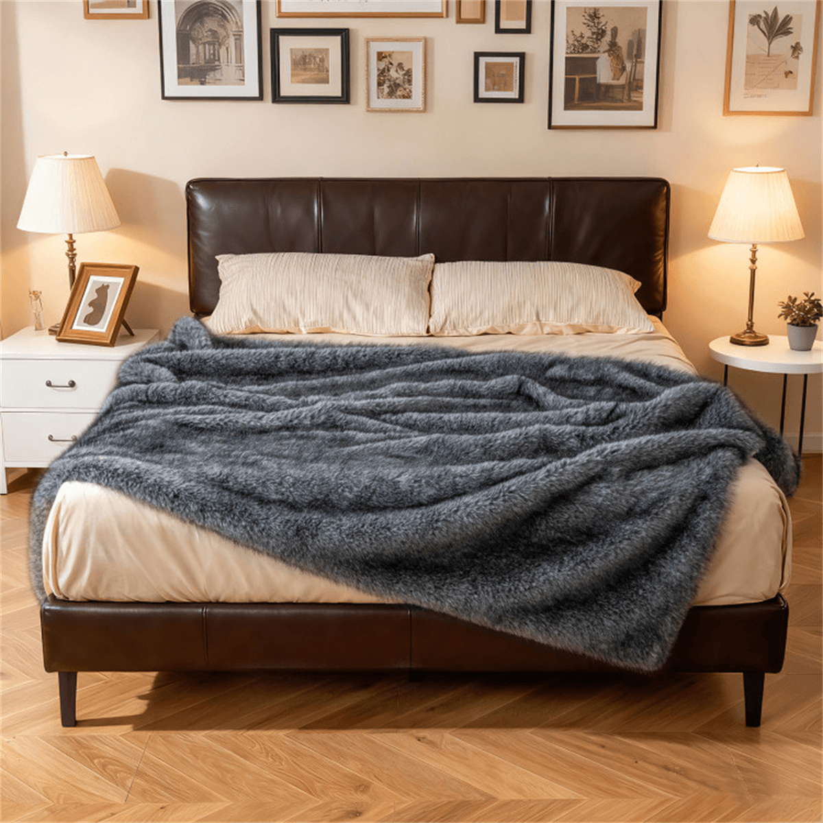 image-Faux Wolf Fur Throw Blanket 60"x80" Gray 740GSM Fleece Lined