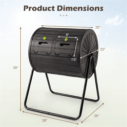 image-Dual Chamber Compost Tumbler 37.5Gal Black Rotating Bin with Blades