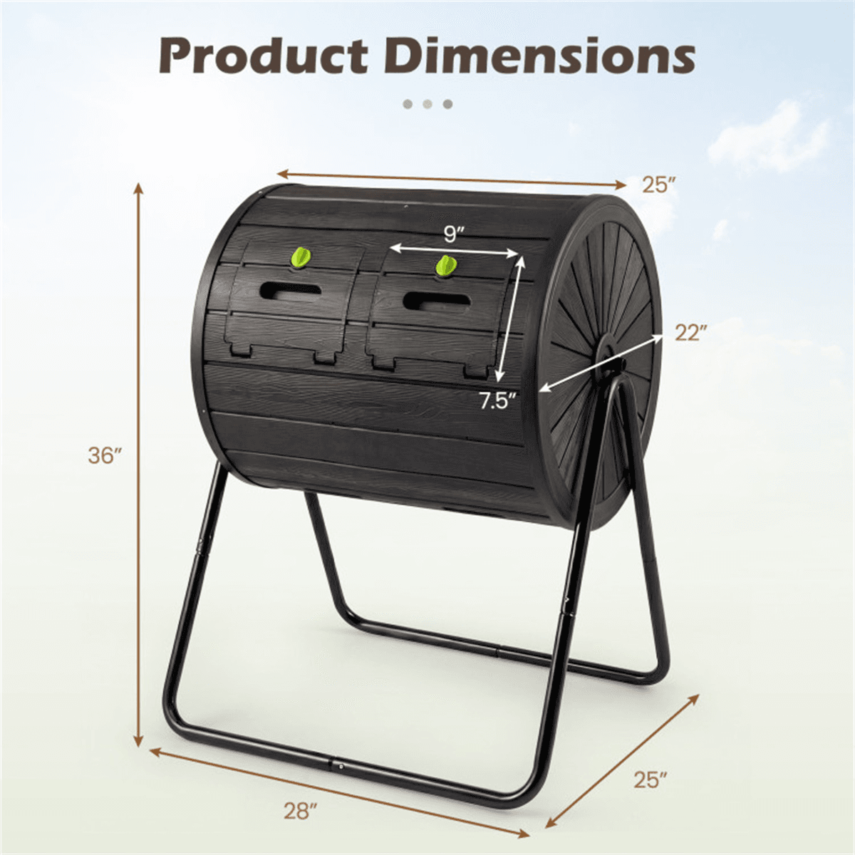 image-Dual Chamber Compost Tumbler 37.5Gal Black Rotating Bin with Blades