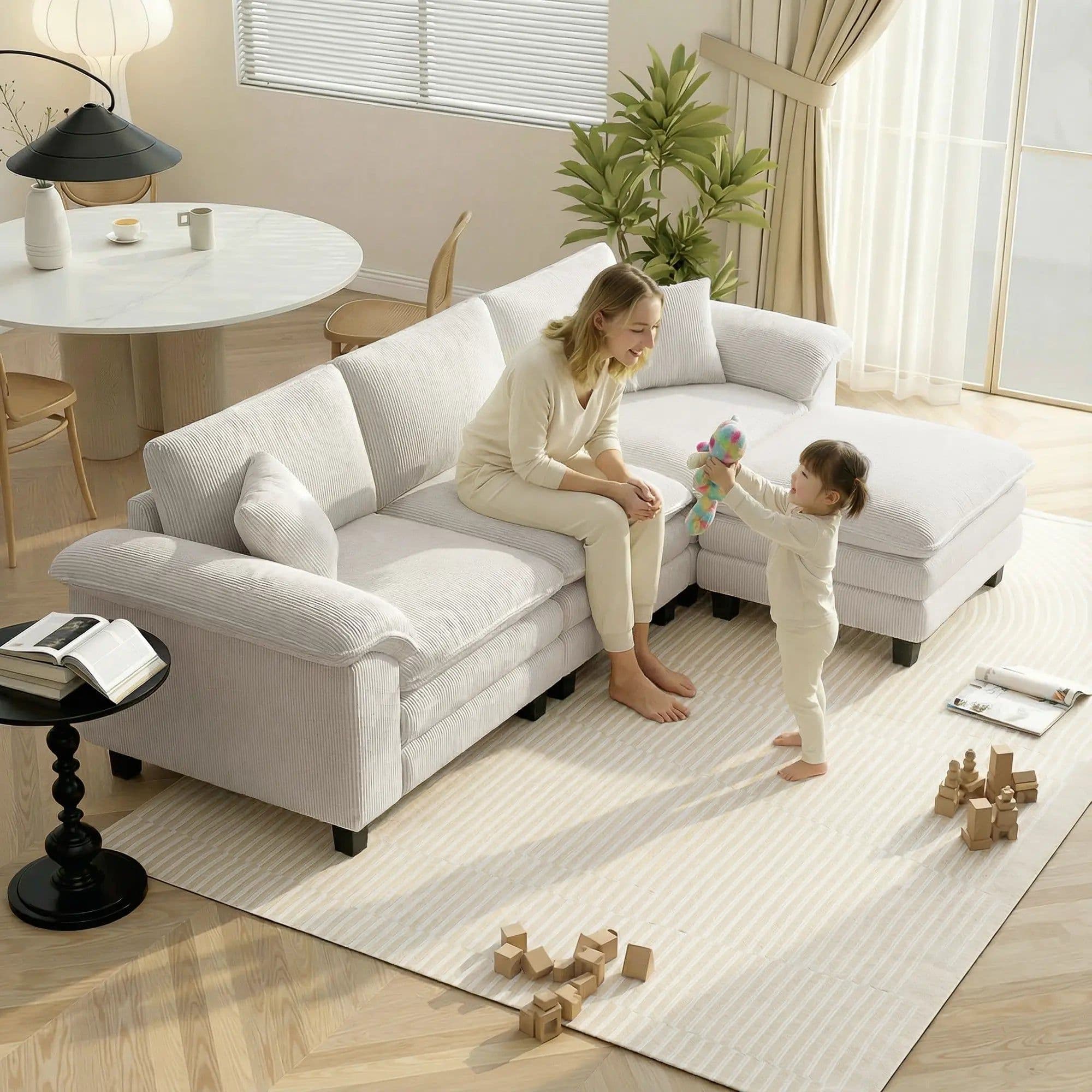 image-Sofa Bed - Beige Corduroy with Pocket Springs, 124.4" Wide, Ottoman Included