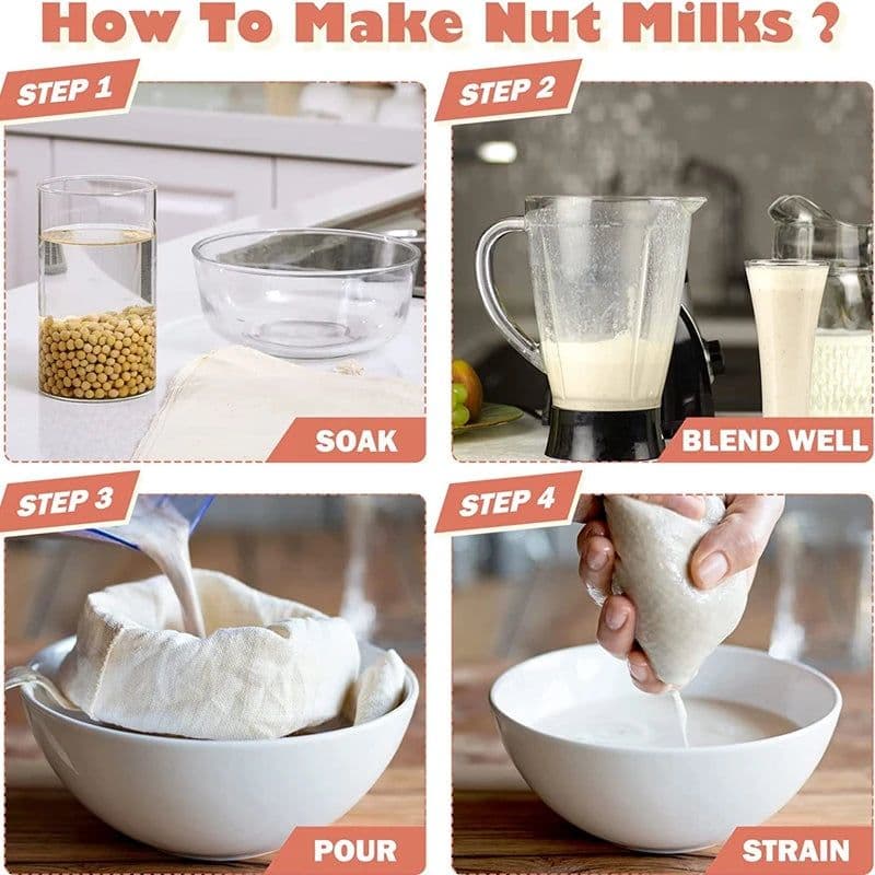 image-Nut Milk Bags Reusable Organic Cotton Nut Bag for Almond Milk Juice Cold Brew Coffee Tea Yogurt Filter Strainers Mesh Cheese Bag