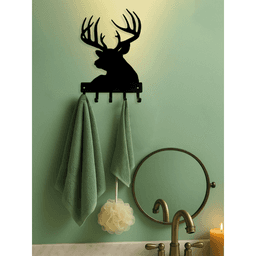 image-Vintage Wall Shelf Coat Rack - Black Iron with Wooden Antelope Hooks