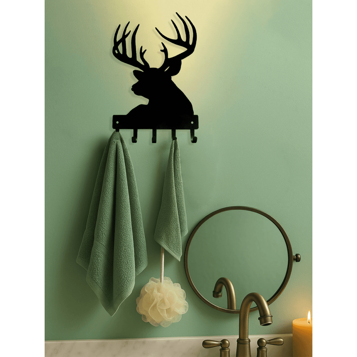 image-Vintage Wall Shelf Coat Rack - Black Iron with Wooden Antelope Hooks