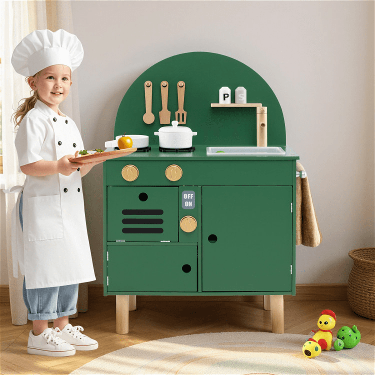 image-Kids Play Kitchen - Green, Interactive Stove & Sink, Ages 3+