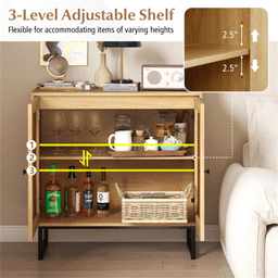 image-Natural PE Rattan Buffet Cabinet with 3-Level Adjustable Shelf, Boho Style & Soft-Close Hinges