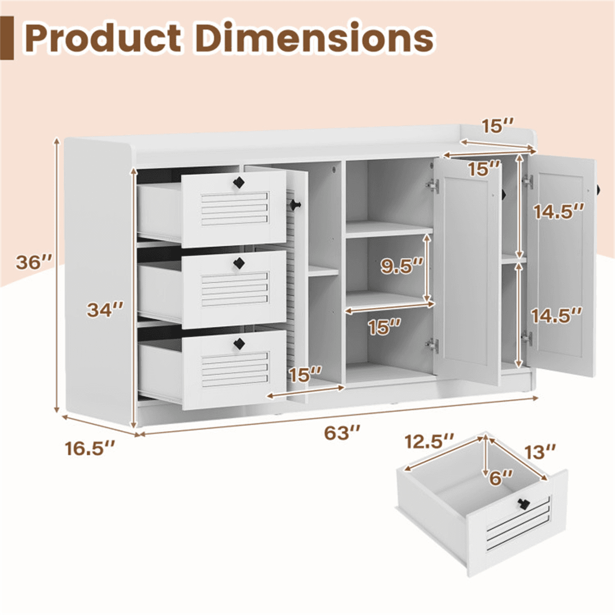 image-White Buffet Sideboard Cabinet, 3 Drawers & 3 Shutter Door Cabinets, Abundant Storage Space