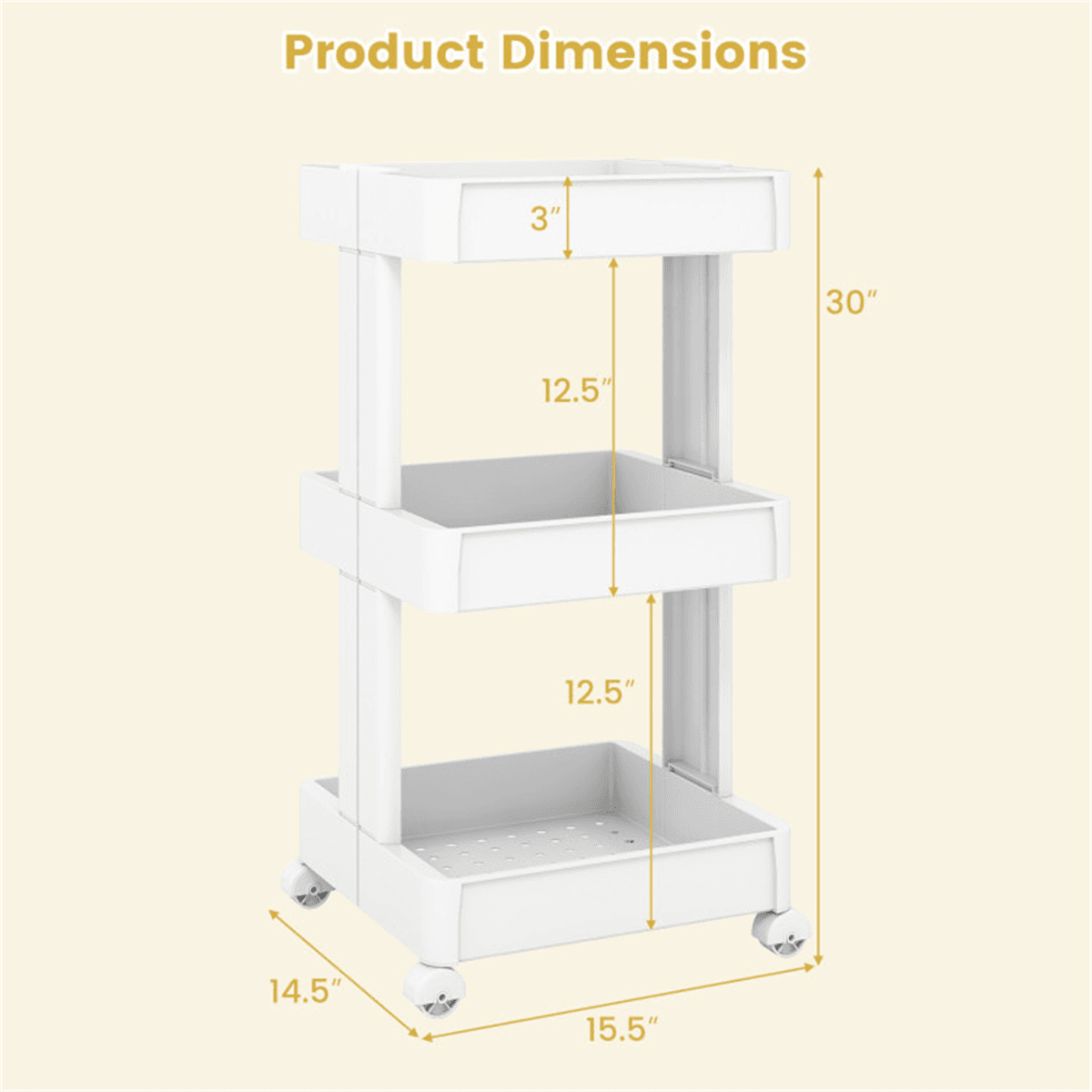 image-3-Tier Rolling Storage Cart - DIY 15.5"x14.5"x30" with Trays for Kitchen & Bathroom