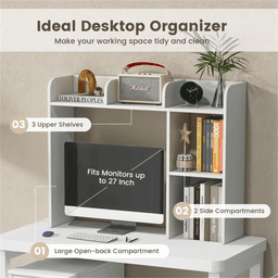 image-White Engineered Bookshelf for 27'' Monitor, 94x25x74cm Wood Desk Hutch 100lbs Capacity