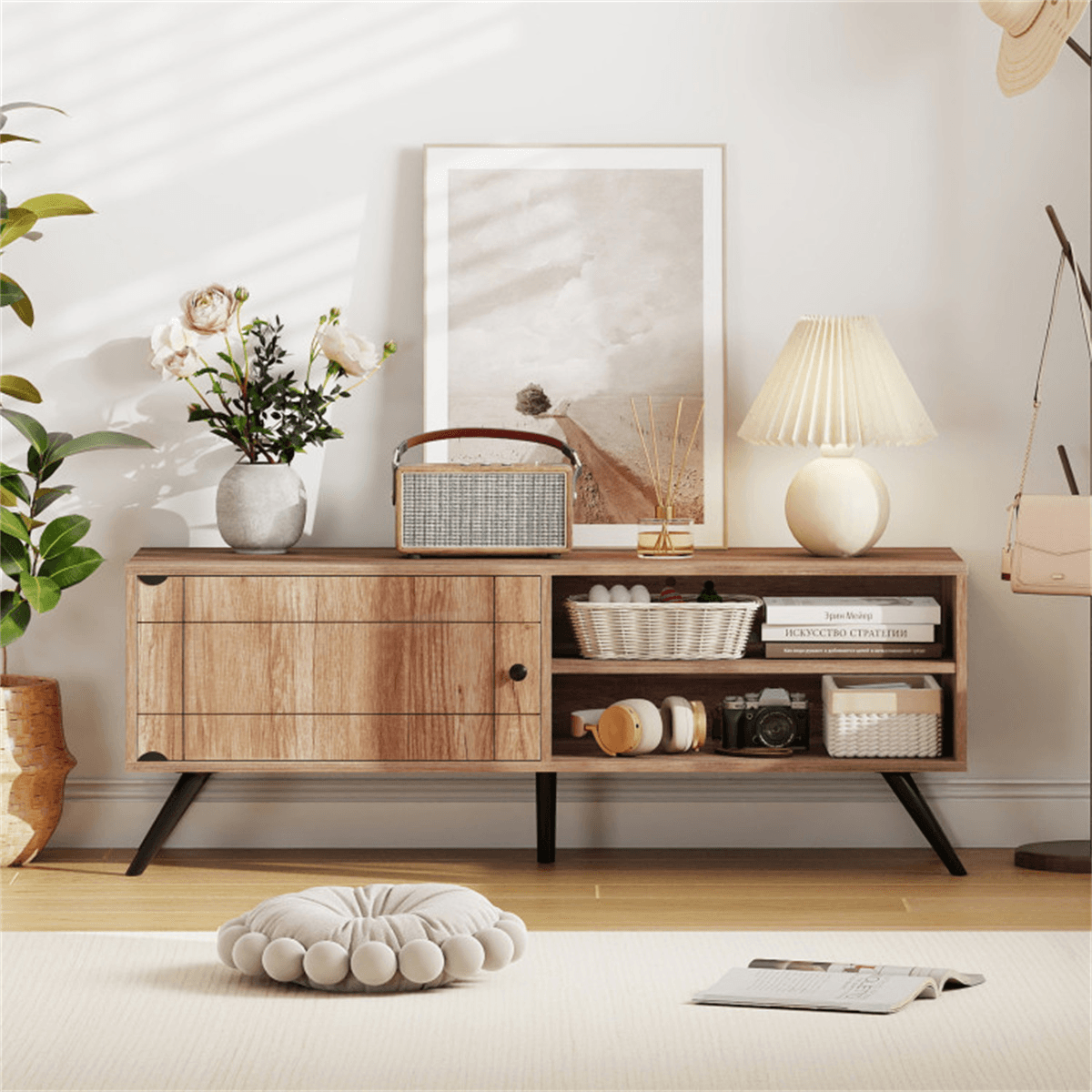 image-Mid-Century Oak TV Stand for 55" TVs, 210 lbs Storage Cabinet with Cable Management
