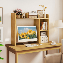 image-Beige Bookshelf for 27'' Monitor, Engineered Wood, 100 lbs Capacity