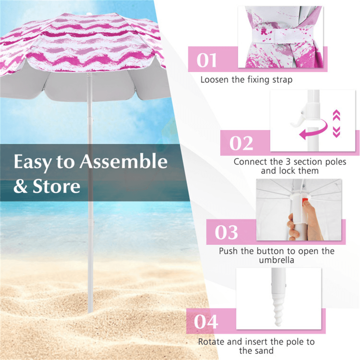 image-4-Piece Beach Set - 6.2ft Umbrella, 2 Chairs & Blanket Pink