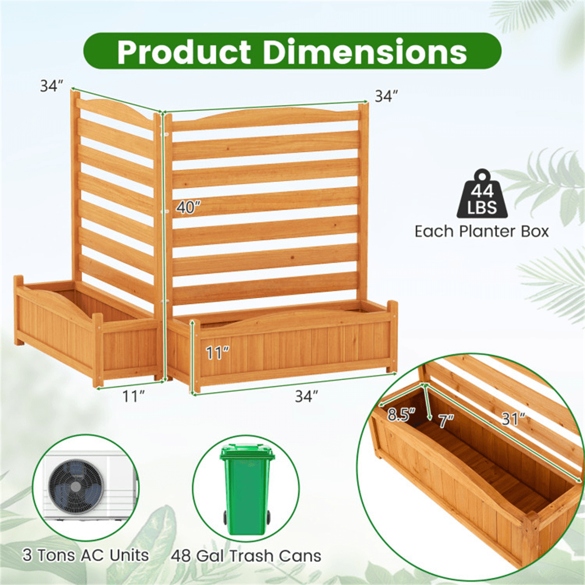 image-2-Panel Fir Wood Privacy Fence with Planter Boxes, AC/Trash Can Screen Yellow