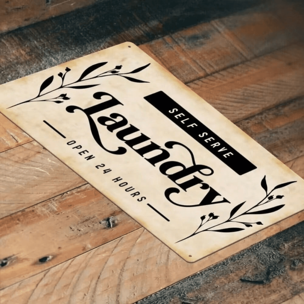 image-24 Hour Self-Service Laundry Metal Sign for Bathroom Wall Decor - Vintage Style