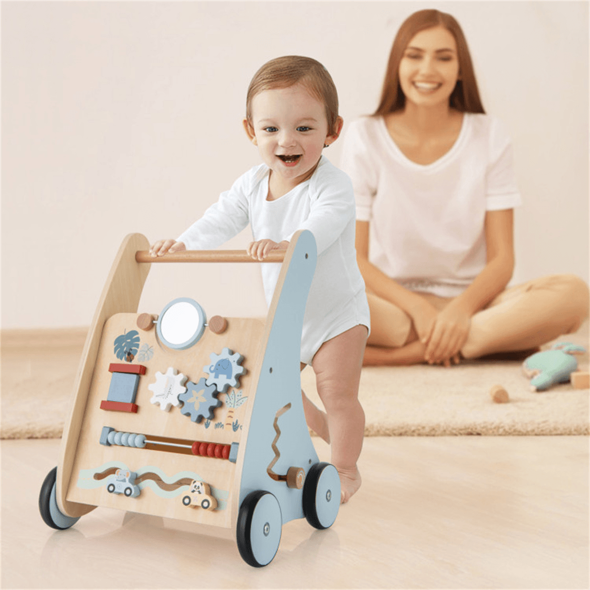 image-Baby Activity Walker with Anti-O-Leg Design, Wooden, Storage - Blue
