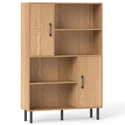 image-4-Tier Open Shelf Cabinet with 2 Doors - Natural, 176 LBS Capacity, Living Room Storage