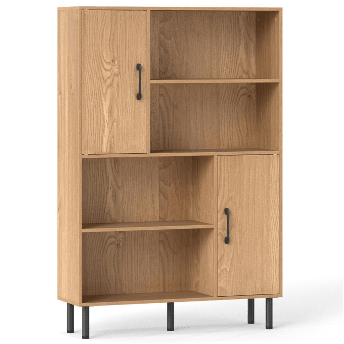 image-4-Tier Open Shelf Cabinet with 2 Doors - Natural, 176 LBS Capacity, Living Room Storage