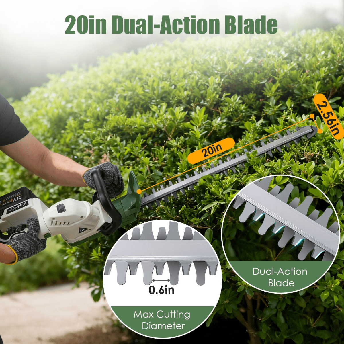 image-Cordless Hedge Trimmer, 20000 RPM, 2600mAh, Dual-Action Steel Blade, Safety Goggles