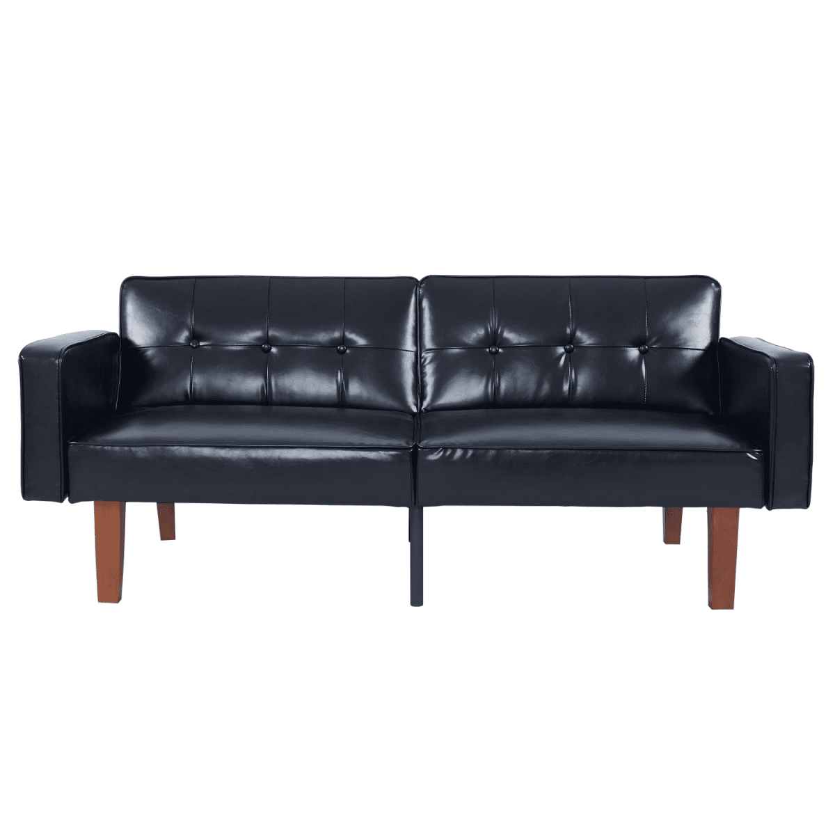 image-Modern PU Leather Futon Sofa with Tufted Backrest, Adjustable Reclining Couch with Wood & Metal Legs, Mid-Century Style Sofa for Living Room