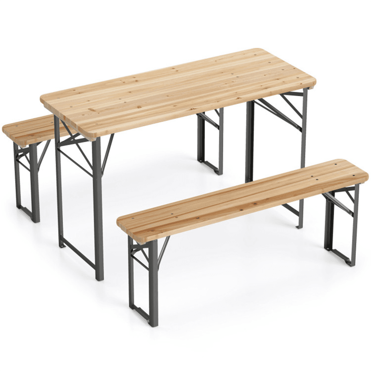 image-Foldable Picnic Table 47" with 2 Benches, Fir Wood Outdoor Dining Set, Metal Frame Patio Garden