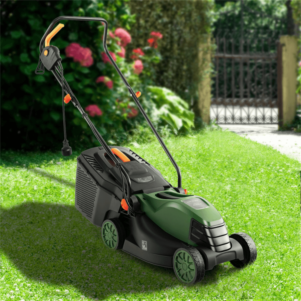 image-12A Electric Lawn Mower - 13.5" Cut, Dual Safety, Green