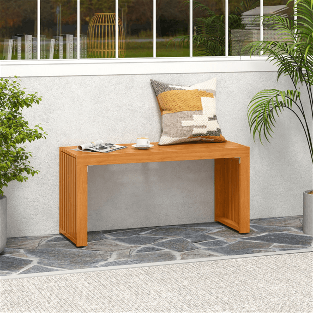 image-Acacia Wood Patio Bench 800 LBS 2-Person Backless