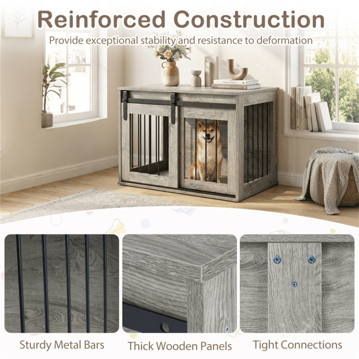 image-Dog Crate Furniture with Sliding Barn Door - Gray 31.5"