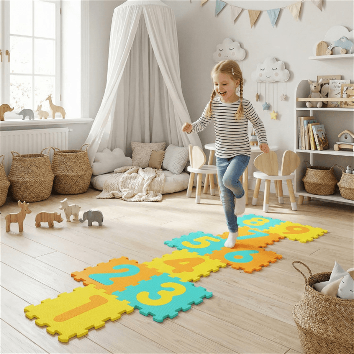 image-Yellow Kids Hopscotch Foam Mat 9 Tiles Non-Slip 10M+
