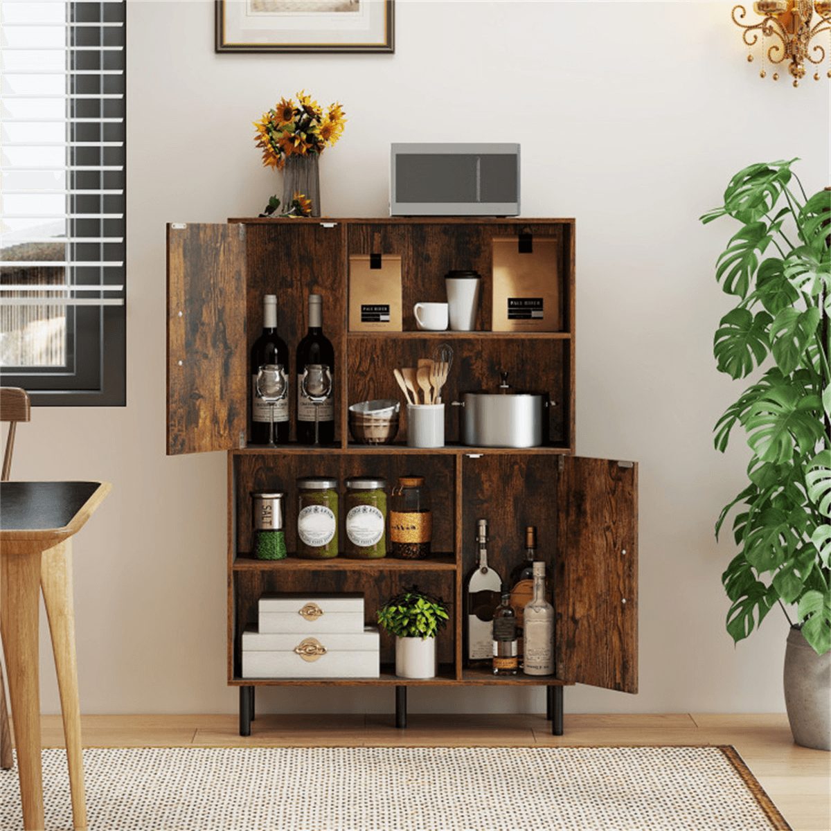 image-4-Tier Open Shelf Storage Cabinet, Brown, 176 LBS Capacity, 2 Doors, 47" Tall