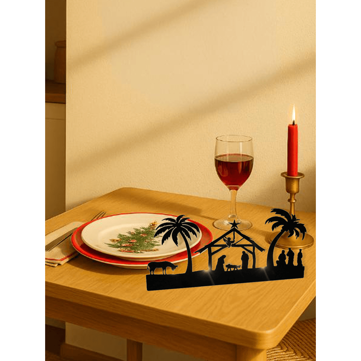 image-Vintage Rustic Iron Nativity Candleholder Set - Christmas Centerpiece