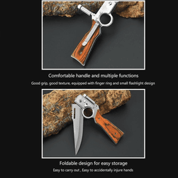 image-Flipper Pocket Knife with Flashlight, 8.5" Stainless Steel, Wooden Handle, Men's Outdoor Tool