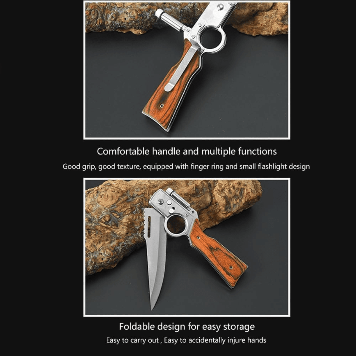 image-Flipper Pocket Knife with Flashlight, 8.5" Stainless Steel, Wooden Handle, Men's Outdoor Tool