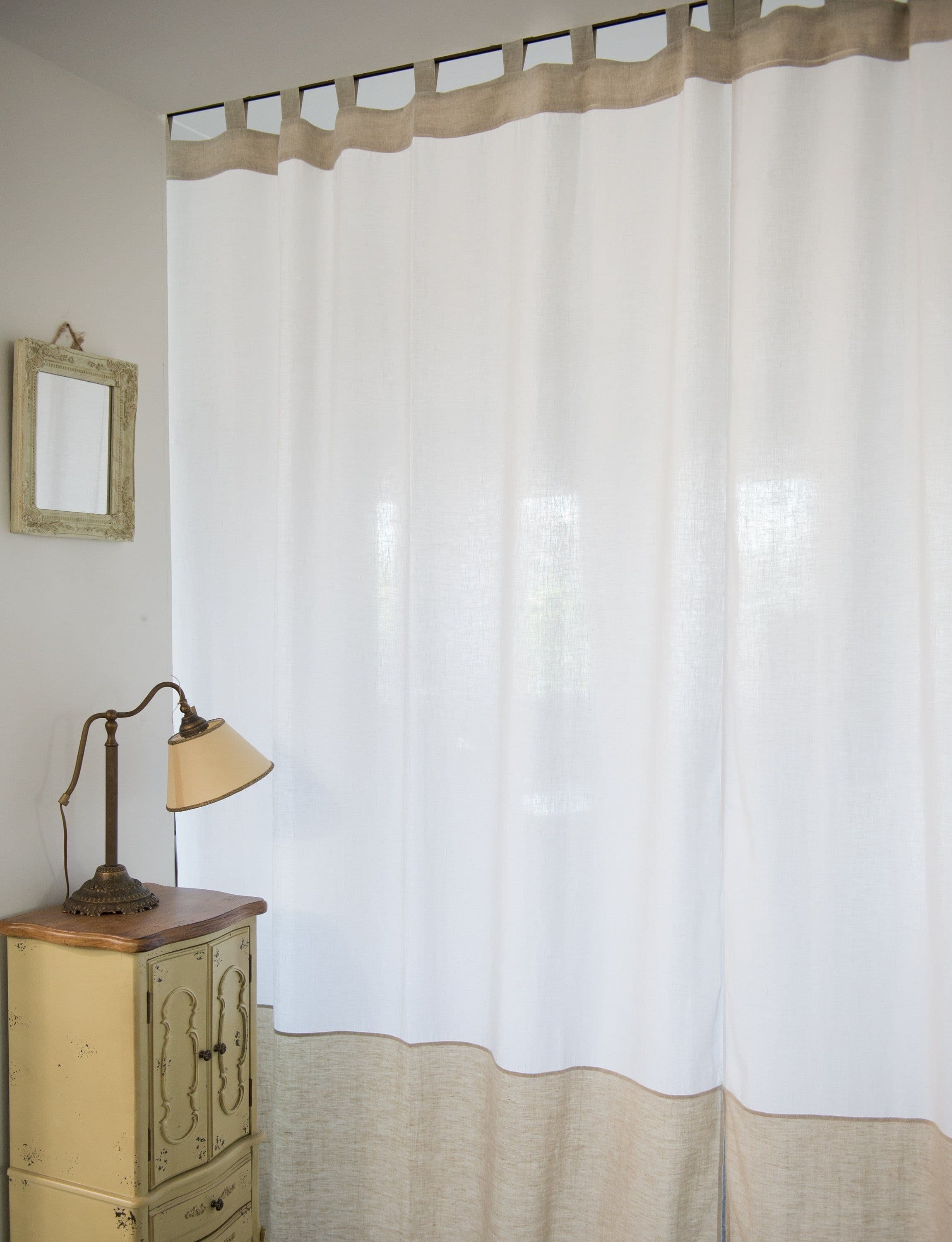 image-White and Natural Light linen curtains with tabs, two tones