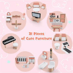 image-3-Tier Dollhouse with 7 Rooms & 31 Furniture, Corner MDF+Pine Wood Toy