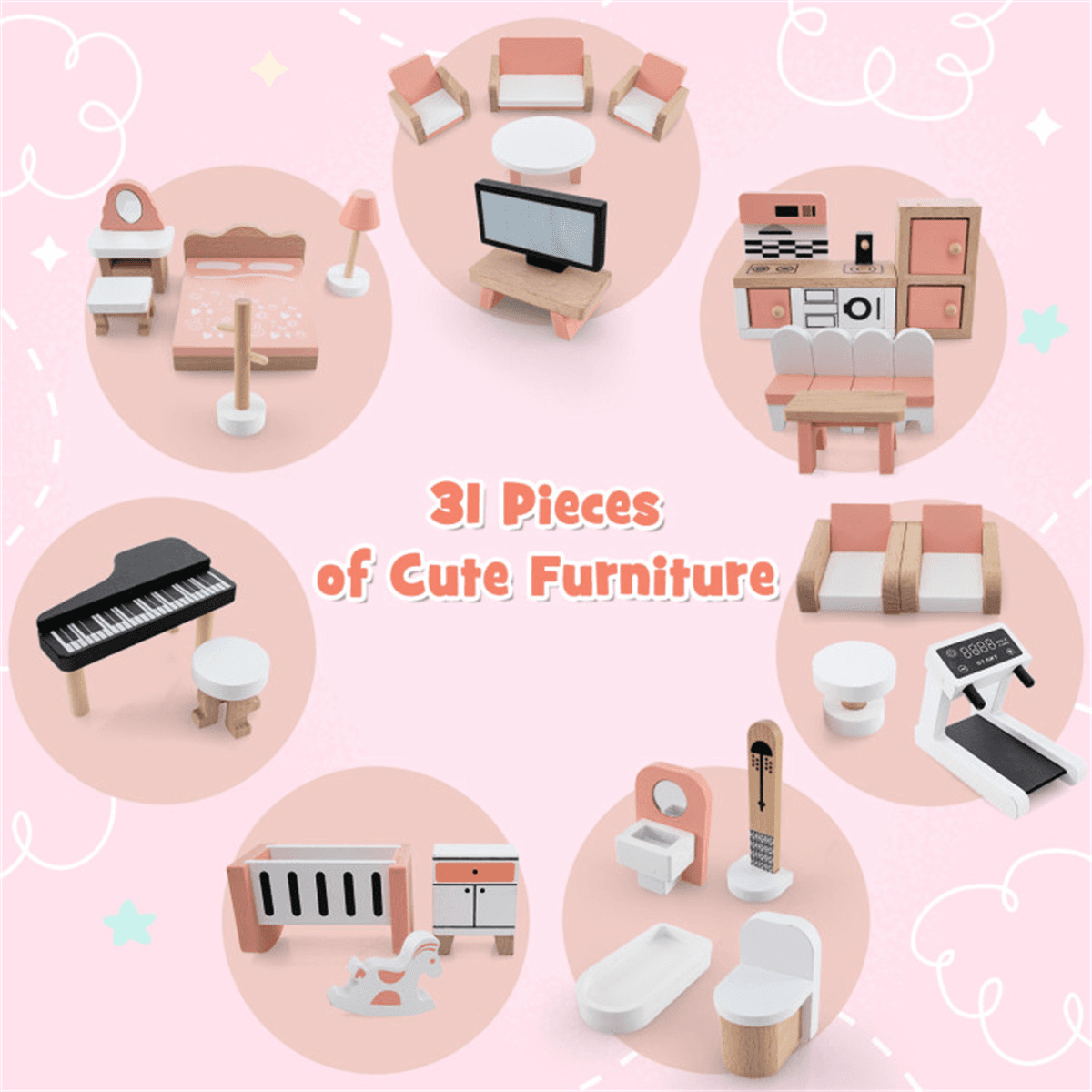 image-3-Tier Dollhouse with 7 Rooms & 31 Furniture, Corner MDF+Pine Wood Toy