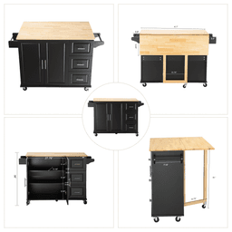 image-Kitchen Island & Cart - Rubber Wood, Big Adjustable Shelf, 54x18x36" Black