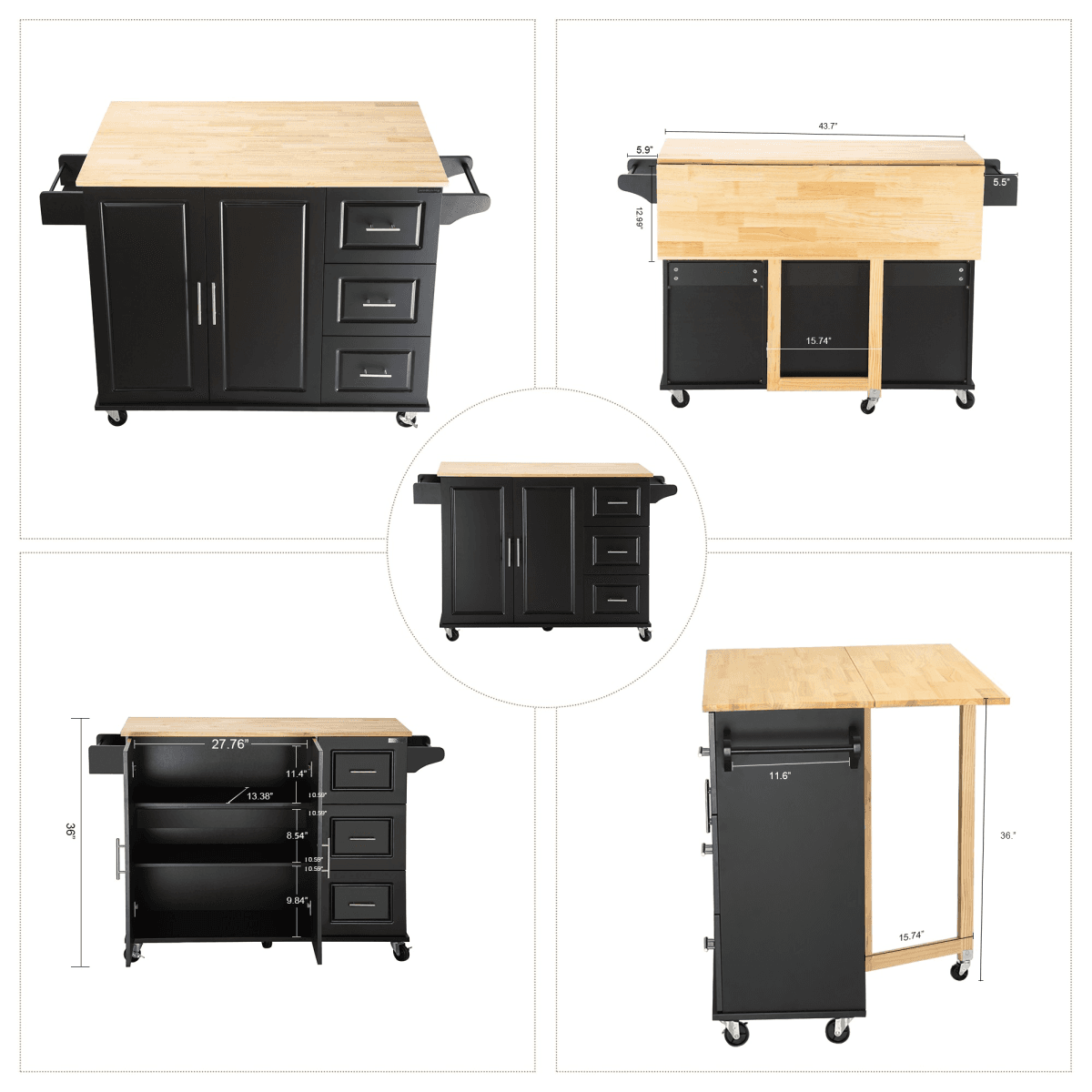 image-Kitchen Island & Cart - Rubber Wood, Big Adjustable Shelf, 54x18x36" Black