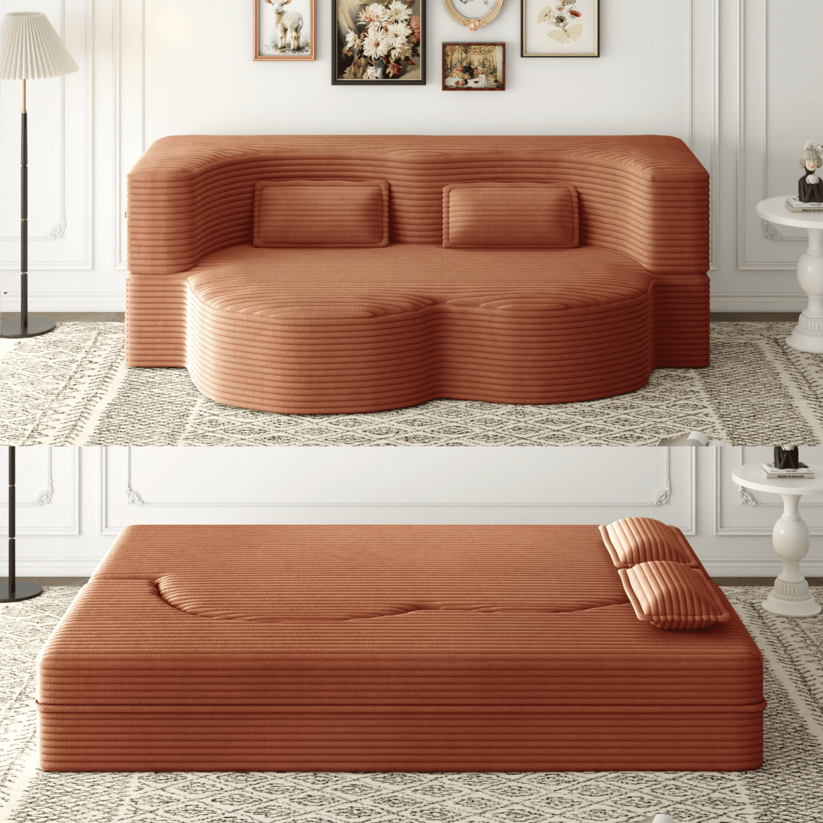 image-Modern Floor Sofa with 2 Pillows,Convertible Plush Corduroy Foam-Filled Sleeper Sofa Bed,15" Full Size Folding Mattress for Living Room,Guest Bed,no assembly required,Orange