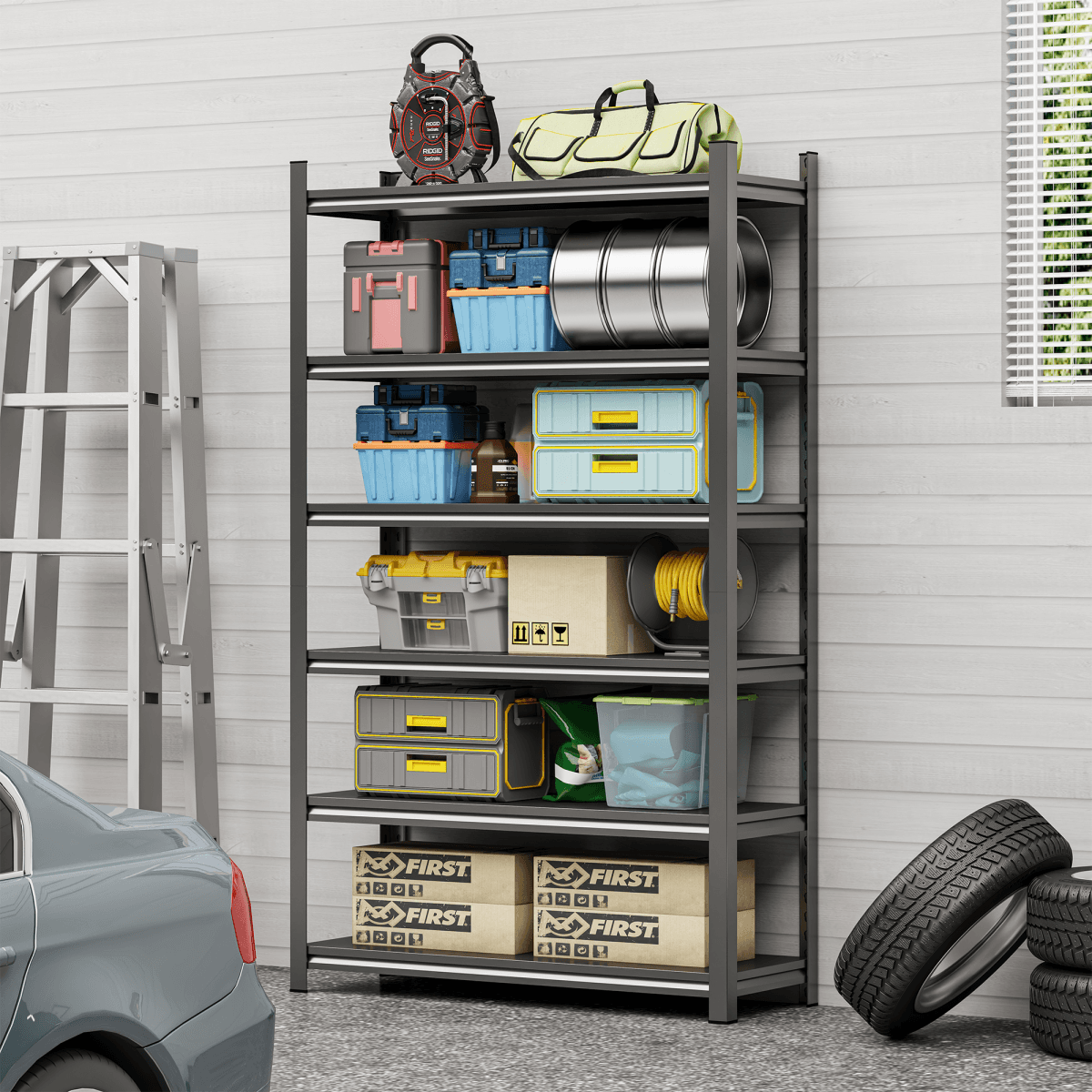 image-Garage Storage Rack 6-Tier Metal Shelves Black