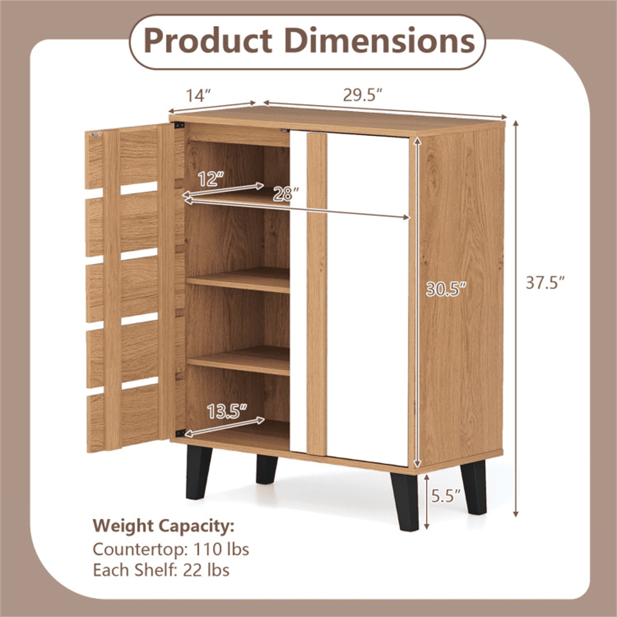 image-Farmhouse Shoe Cabinet - 29.5" Natural+White 4-Tier Adjustable Shelves