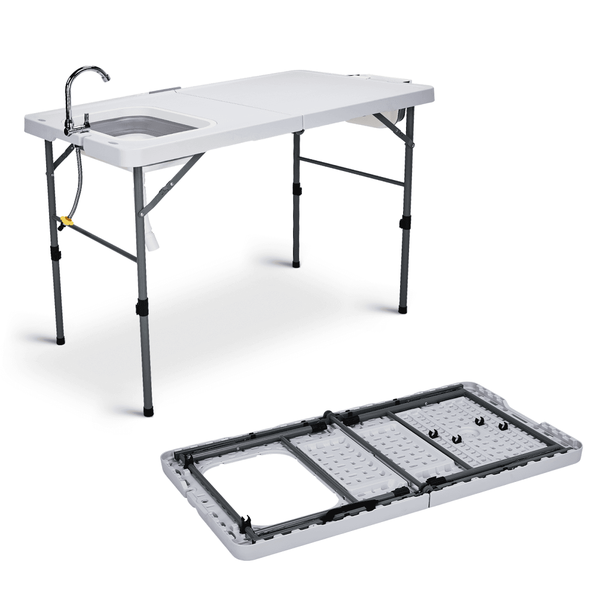image-50" Folding Fish Cleaning Table with Sink, Bi-Folding Portable Camping Sink Station with Drain Hose, Trash Can, Foldable Outdoor Sink for Camping, Fishing, BBQ