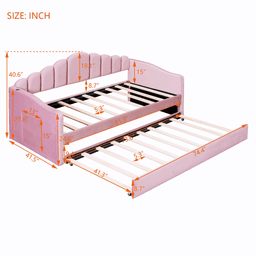 image-Twin Size Velvet Sofabed with USB, No Box Spring Needed, Trundle, Pink (58 characters)