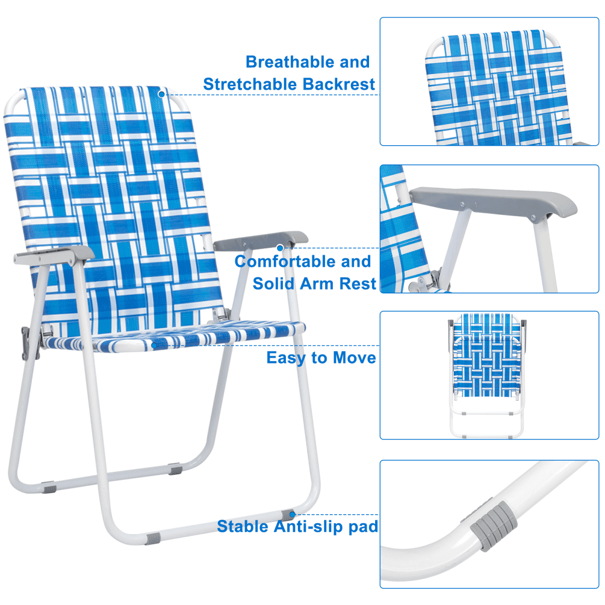 image-2pcs Steel Tube PP Webbing Beach Chair Blue & White 120kg Foldable