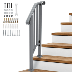 image-Handrails for Outdoor Steps, Iron Handrail Fits 1 Step, Transitional Handrail with Installation Kit, Silver