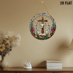 image-Colorful Acrylic Cross Doves Stained Glass Wall Art Decor - 20x20cm