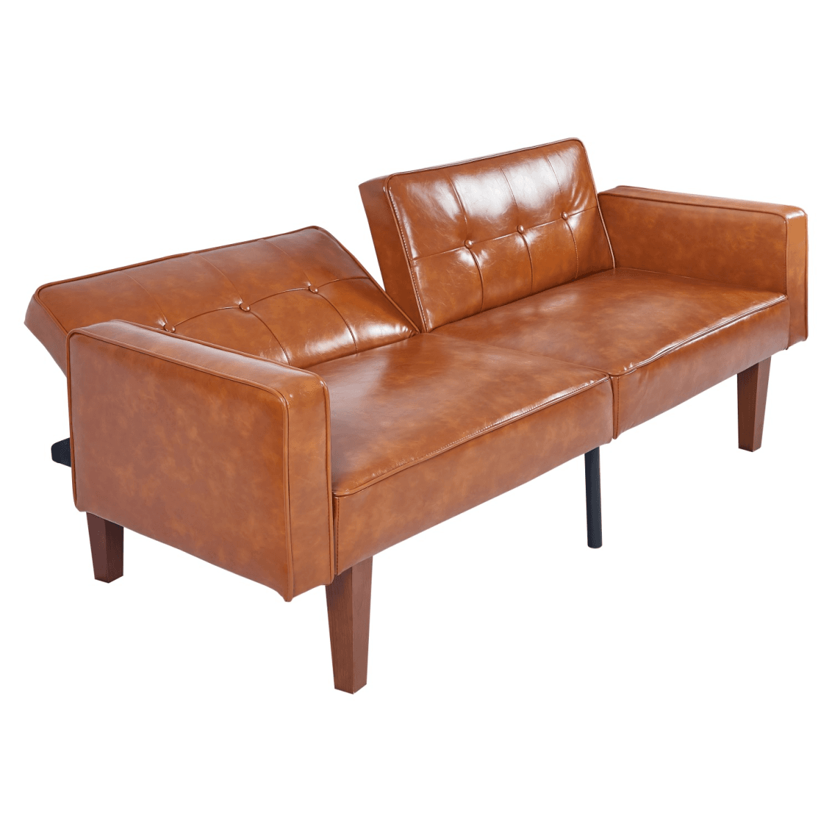 image-Modern PU Leather Futon Sofa with Tufted Backrest, Adjustable Reclining Couch with Wood & Metal Legs, Mid-Century Style Sofa for Living Room