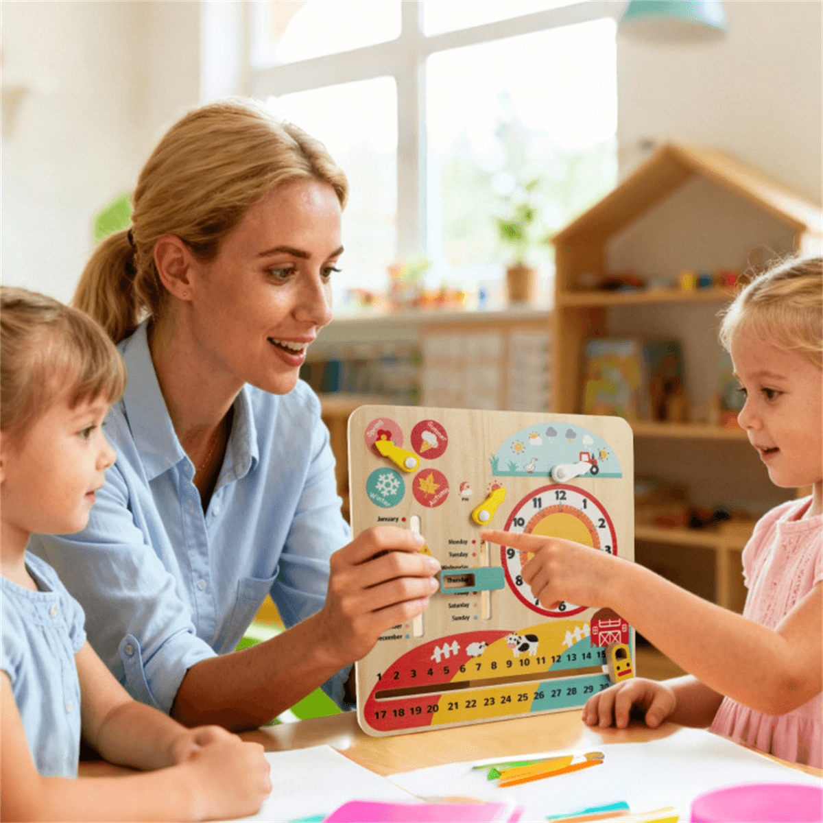 image-Montessori Wooden Clock for Kids 3+, Calendar, Weather, Educational Toy - Multi-Color