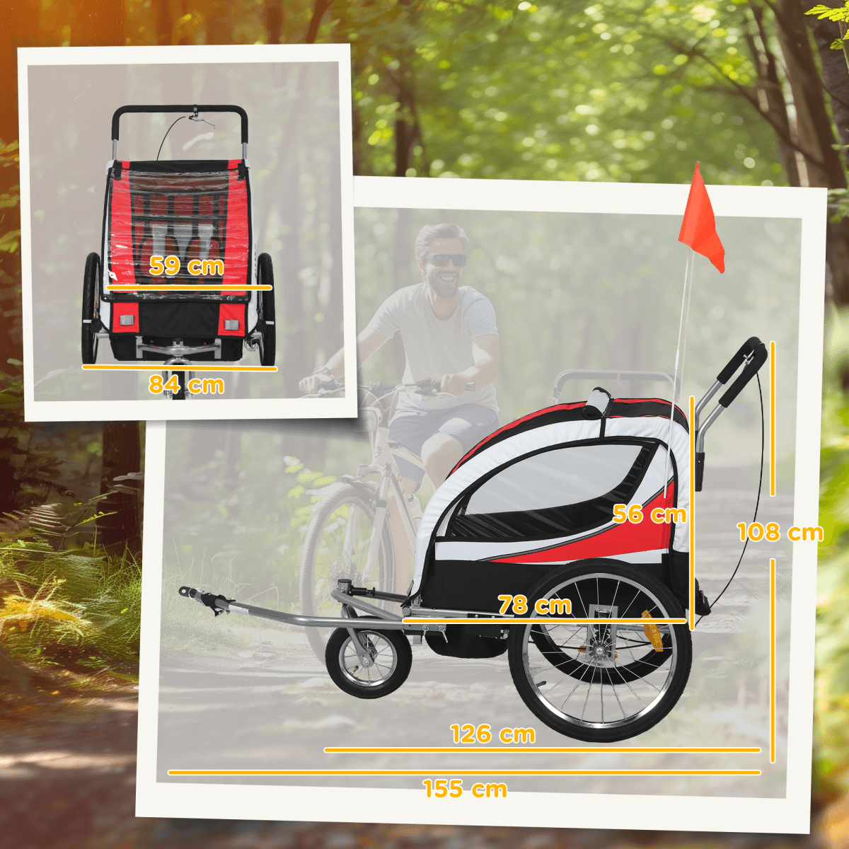 image-HOMCOM 2 Seat Child Bike Trailer - Red Steel Frame