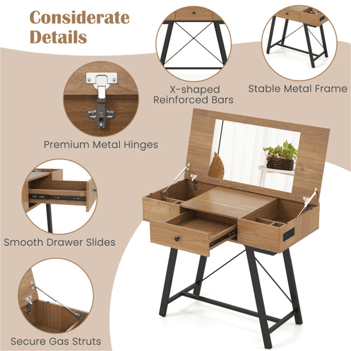 image-Flip-Top Mirror Vanity Desk 38" with USB-C Charging Station