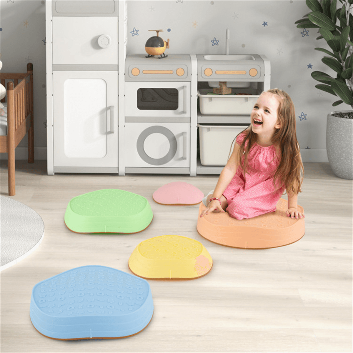 image-Kids Non-Slip Balance Stones, 5 Sizes, Multicolor, Storage Bag, Indoor/Outdoor